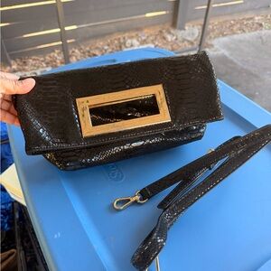 Michael Kors Black Snakeskin Clutch with Gold Accent
